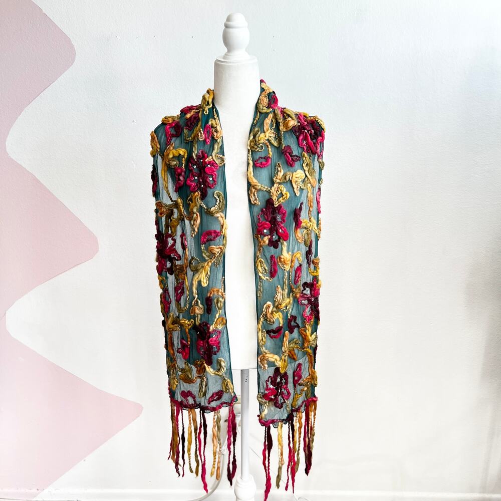 Two’s Company Floral Embroidered Sheer Scarf Ethereal Cottagecore Romantic